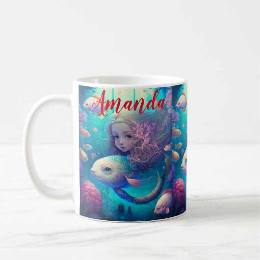 Zeemeermin zwemt met vis koffiemok (Links)