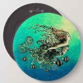 Zeemeermin zwemt met vis ronde button 6,0 cm (Voorkant /achterkant)