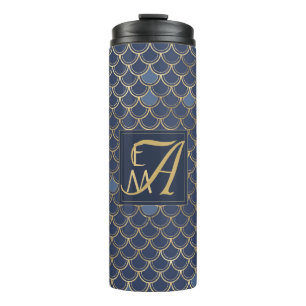 Zeemeerminenschubben Monogram Navyblauw Goud Huisd Thermosbeker