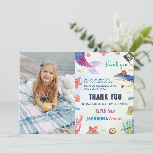 Zeemeerminnen en Piraten Verjaardag Dank u kaart (Staand voorkant)