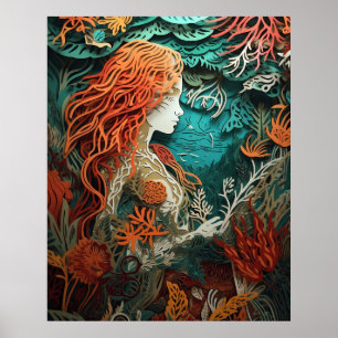 Zeemeerminnen met 3D effect papier gesneden Poster