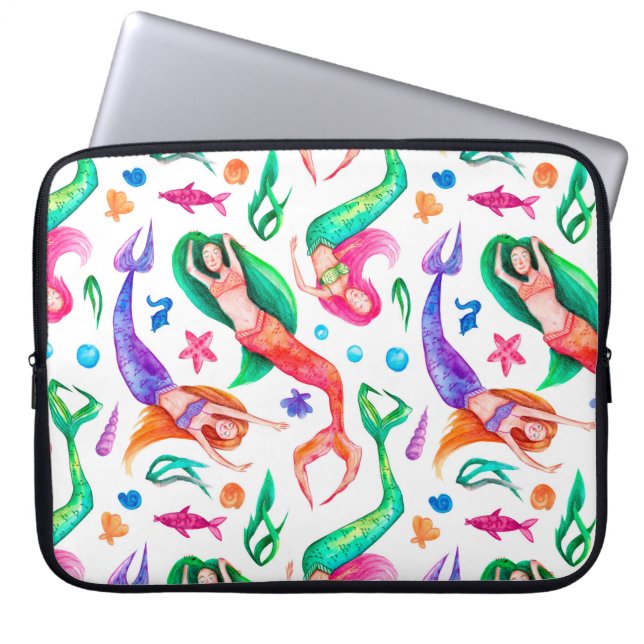 Zeemeerminnen Waterverf: Naadloos Oceanisch Patroo Laptop Sleeve (Voorkant)