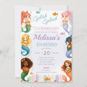 Zeemeerminnenverjaardagsfeest nodigt splash bash u kaart