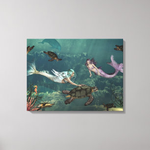 Zeemeerminningen bij schildpad canvas afdruk