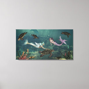 Zeemeerminningen bij schildpad canvas afdruk