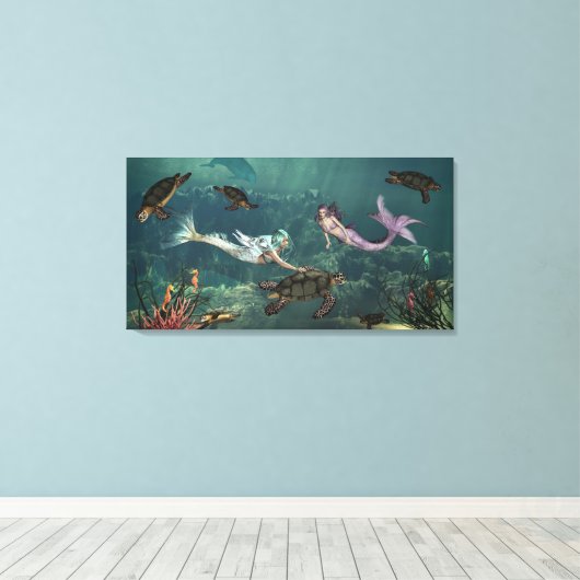 Zeemeerminningen bij schildpad canvas afdruk (Insitu (Houten vloer))