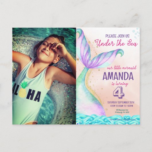 Zeemeerminstaart Aquarel Verjaardag Onder de Zee Briefkaart (Voorkant)