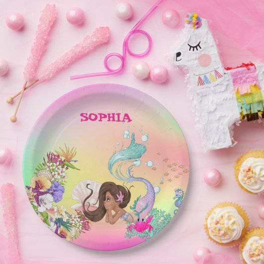 Zeemeervis Dark Hair Cute Rainbow Papier Papieren Bordje (Feest)