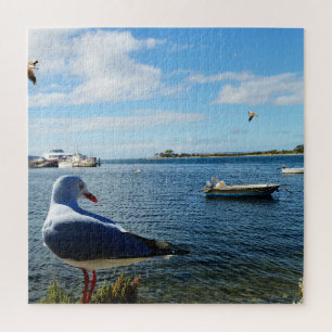 Zeemeeuw, boten en de oceaan, legpuzzel