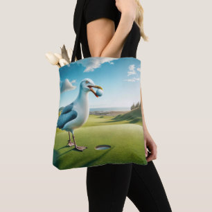Zeemeeuw met een golfbal in zijn snavel draagtas