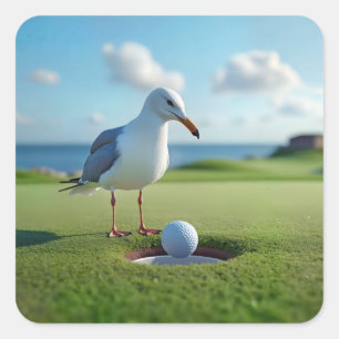 Zeemeeuw met een hole-in-one golfbal vierkante sticker