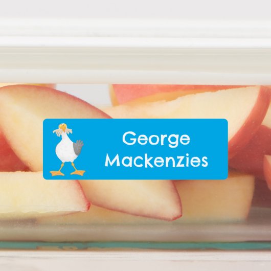 Zeemeeuw met friet cartoon gepersonaliseerd labels (Aangebracht)