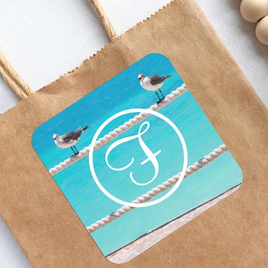 Zeemeeuw strand vogels fotografie kust monogram vierkante sticker
