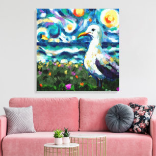 Zeemeeuw Van Gogh Style Beach Sky Blue Blauwgroen Canvas Afdruk