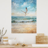 Zeemeeuwen die op een strand vliegen poster (Keuken)