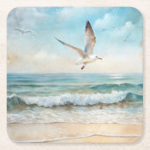 Zeemeeuwen die op een strand vliegen vierkante kartonnen onderzetter (Voorkant)