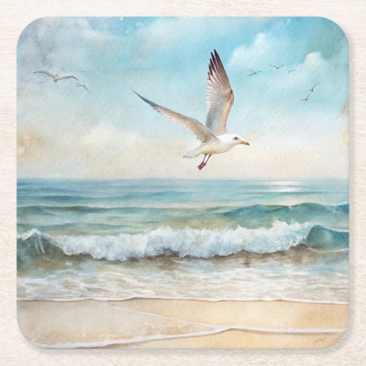 Zeemeeuwen die op een strand vliegen vierkante kartonnen onderzetter (Voorkant)