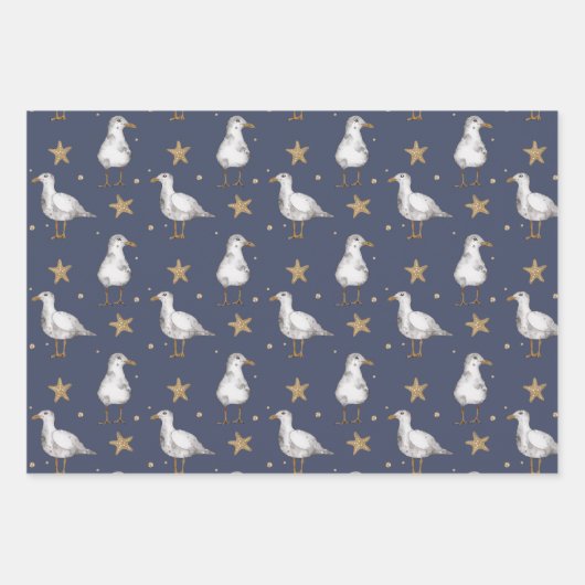 Zeemeeuwen en zeesterren Gold Stars Nautical Inpakpapier Vel (Voorkant 2)