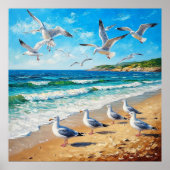 Zeemeeuwen op een kustlijn met oceaangolven poster (Voorkant)