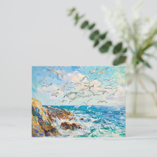 Zeemeeuwen over golven impressionistisch oceaantaf briefkaart (Staand voorkant)