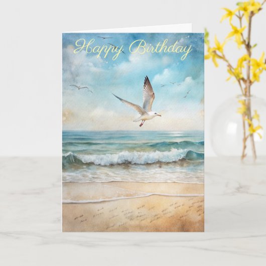 Zeemeeuwen Vliegen Op Een Strand Verjaardag Kaart (Gele Bloem)
