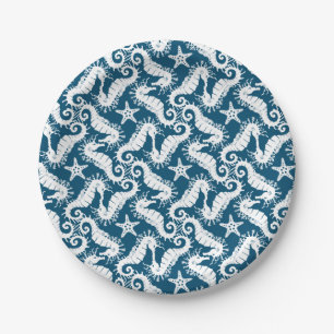 Zeepaard en zeeduivel - Blue Sealife Pattern Papieren Bordje