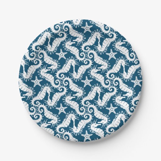 Zeepaard en zeeduivel - Blue Sealife Pattern Papieren Bordje (Voorkant)
