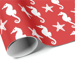 Zeepaard en zeester - donkerkoraal rood en wit cadeaupapier
