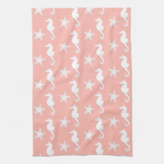 Zeepaard en zeester - Licht koraalroze Theedoek (Verticaal)