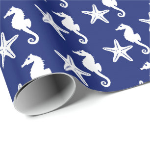 Zeepaard en zeester - marineblauw en wit cadeaupapier