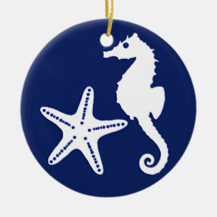 Zeepaard en zeester - marineblauw en wit keramisch ornament