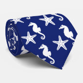 Zeepaard en zeester - marineblauw en wit stropdas (Opgerold)