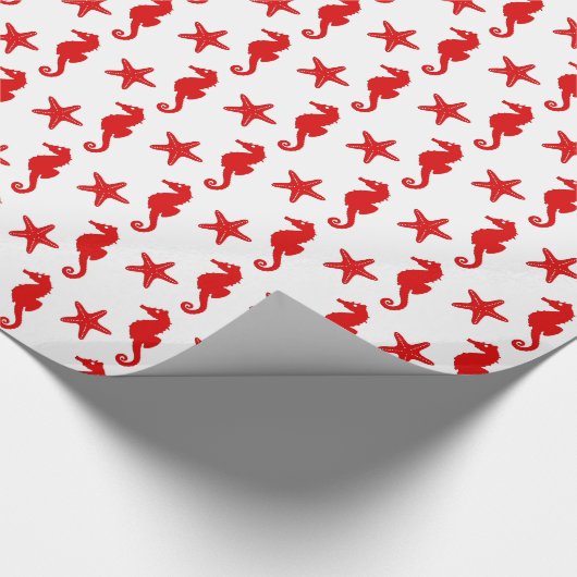 Zeepaard en zeester - wit en donkerkoraal rood cadeaupapier (Hoek)
