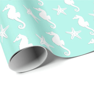Zeepaard en zeester - wit op bleke aqua cadeaupapier