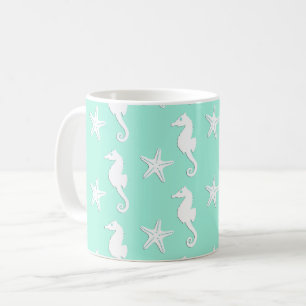 Zeepaard en zeester - wit op bleke aqua koffiemok