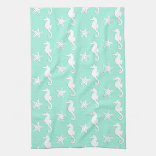 Zeepaard en zeester - wit op bleke aqua theedoek