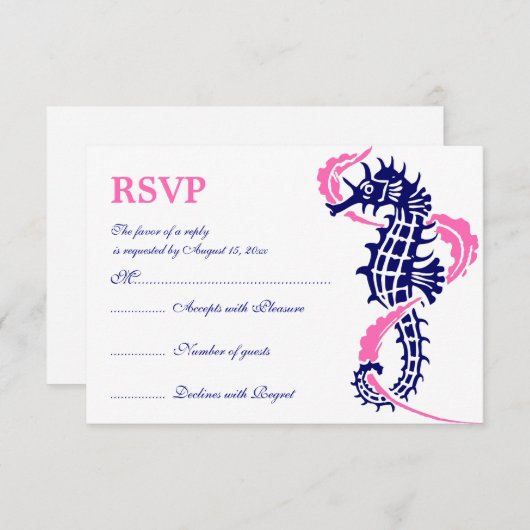 Zeepaard en zeewier blauw, hete roze bruiloft RSVP (Voorkant / Achterkant)