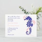 Zeepaard en zeewier blauw, roze bruiloft kaart (Staand voorkant)