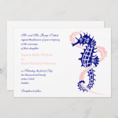 Zeepaard en zeewier blauw, roze bruiloft kaart (Voorkant / Achterkant)