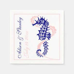 Zeepaard en zeewier blauw, roze bruiloft servet