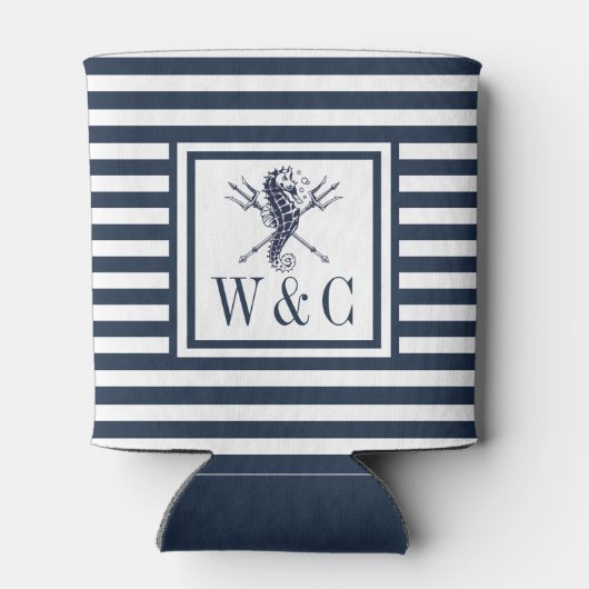 Zeepaarden marine blauwe streep nautisch monogram blikjeskoeler (Achterkant)