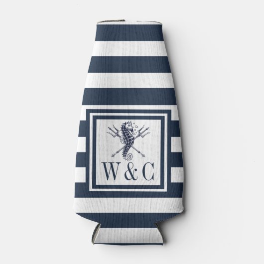 Zeepaarden Nautisch Monogram Navy Blauwe Streep Fl Flesjeskoeler (Voorkant)