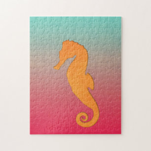Zeepaarden silhouet oranje turquoise eenvoudig legpuzzel