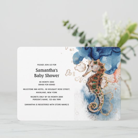 Zeepaardillustratie marine sinaasappel gouden wate kaart (Staand voorkant)