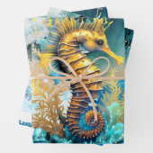 Zeepaardje 3D blauw goud strand zanderig zee oceaa Inpakpapier Vel (In situ)