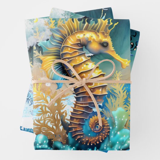 Zeepaardje 3D blauw goud strand zanderig zee oceaa Inpakpapier Vel (In situ)