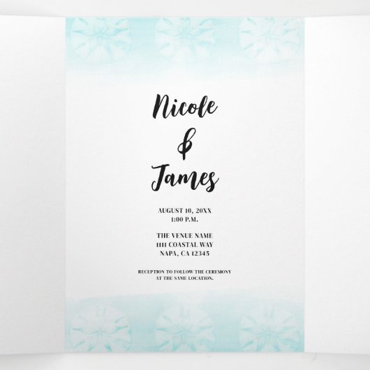 Zeepaardje Blauwgroen & Gouden Waterverf Bruiloft Drieluik Uitnodiging (Binnenkant midden)