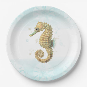 Zeepaardje Blauwgroen & Gouden Waterverf Kuststran Papieren Bordje