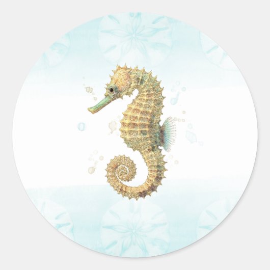 Zeepaardje Blauwgroen & Gouden Waterverf Kuststran Ronde Sticker (Voorkant)