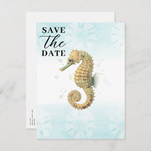 Zeepaardje Blauwgroen & Gouden Waterverf Save the Aankondigingskaart (Voorkant / Achterkant)